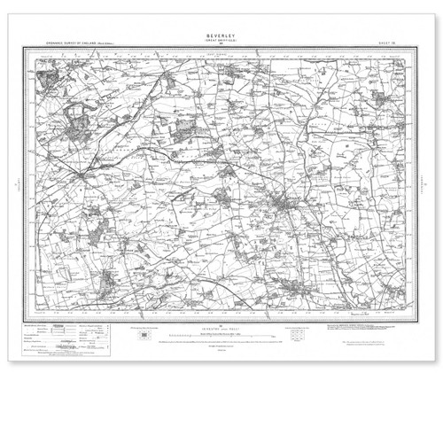 Black and white reproduction historical map of Beverley and wider area