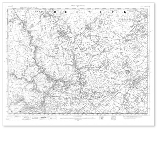 Black and white reproduction historical map of Kelso and wider area