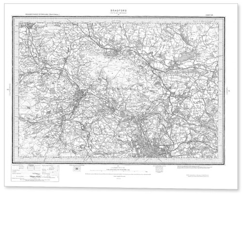 Black and white reproduction historical map of Bradford and wider area