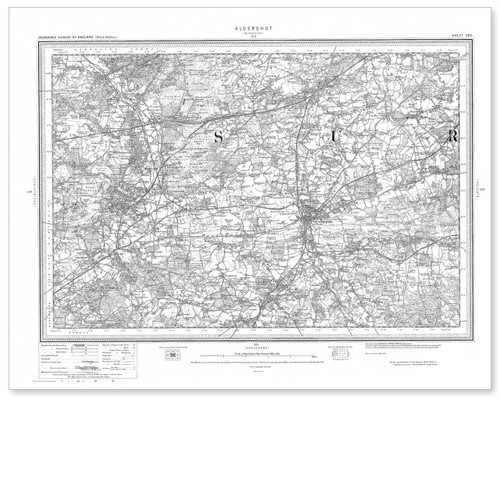 Black and white reproduction historical map of Aldershot and wider area