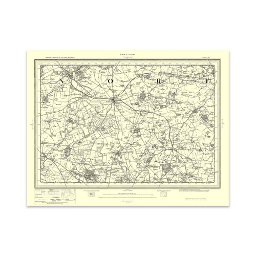 Authentic reproduction of Ordnance Survey map of Swaffham 1896-1904 with a yellow tint background