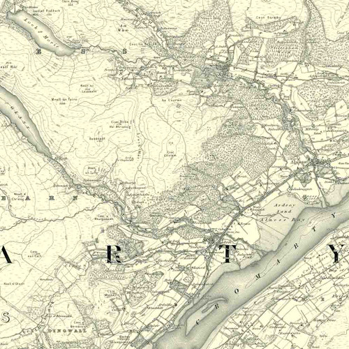 Close up of authentic reproduction of Ordnance Survey map of Alness 1896-1904 with a yellow tint background