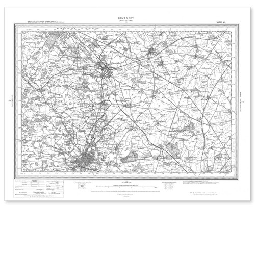 Black and white reproduction historical map of Coventry and wider area