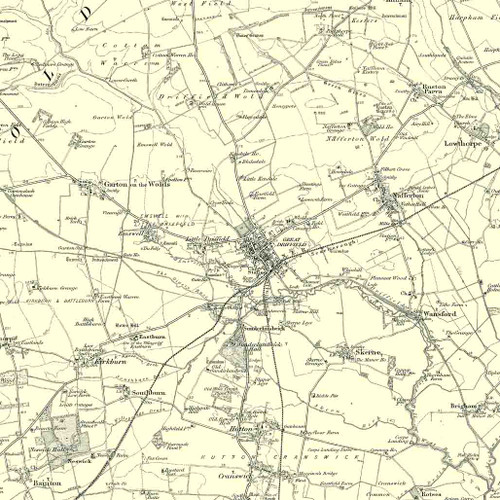 Close up of Authentic reproduction of Ordnance Survey map of Great Driffield 1896-1904 with a yellow tint background