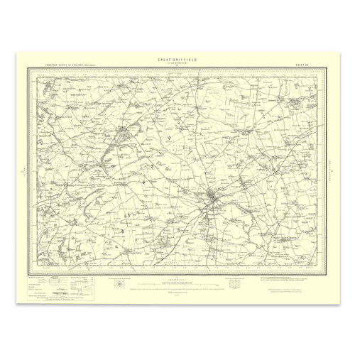 Authentic reproduction of Ordnance Survey map of Great Driffield 1896-1904 with a yellow tint background