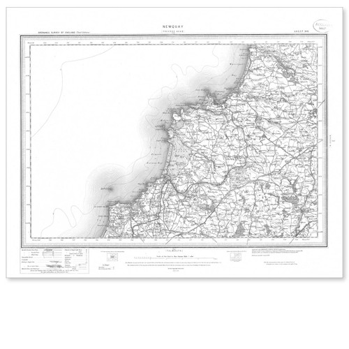 Black and white reproduction historical map of Newquay and wider area