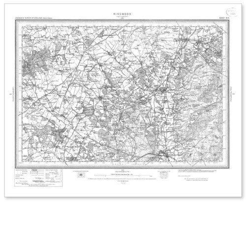 Black and white reproduction historical map of Ringwood and wider area