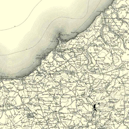 Close up of authentic reproduction of Ordnance Survey map of Llangranog 1896-1904 with a yellow tint background Close up of authentic reproduction of Ordnance Survey map of Llangranog 1896-1904 with a yellow tint background