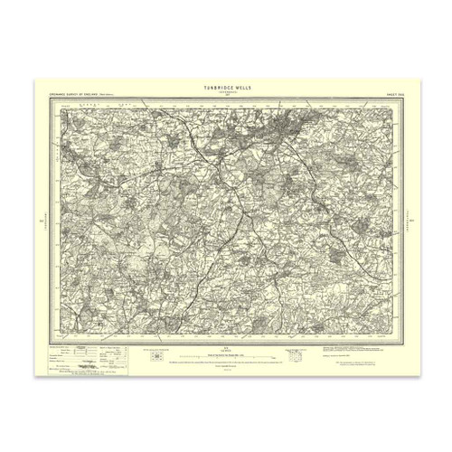 Authentic reproduction of Ordnance Survey map of Tunbridge Wells 1896-1904 with a yellow tint background