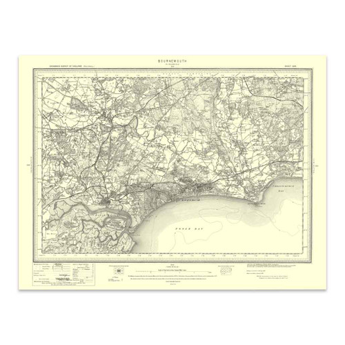 Authentic reproduction of Ordnance Survey map of Bournemouth 1896-1904 with a yellow tint background