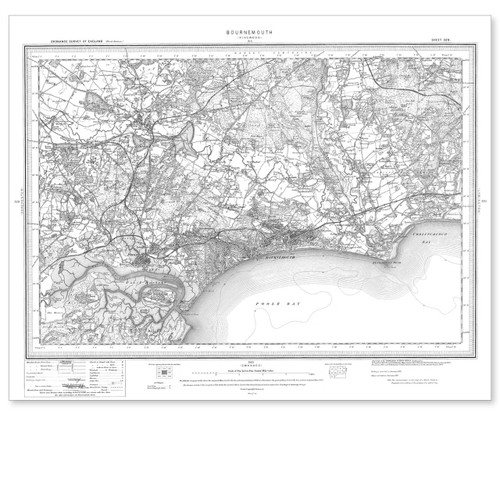 Black and white reproduction historical map of Bournemouth and wider area