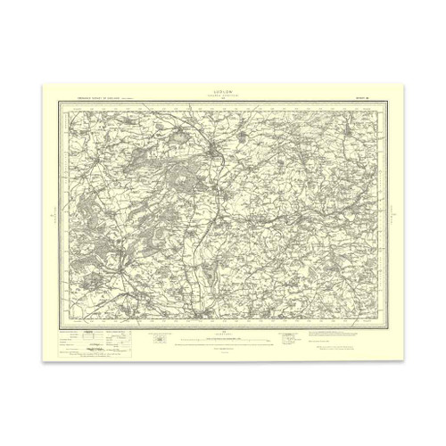 Authentic reproduction of Ordnance Survey map of Ludlow 1896-1904 with a yellow tint background