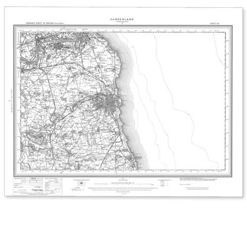 Black and white reproduction historical map of Sunderland and wider area