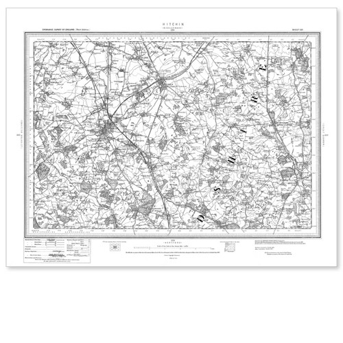 Black and white reproduction historical map of Hitchin and wider area