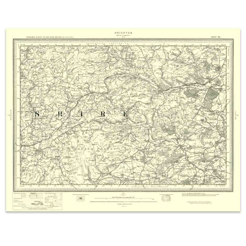 Authentic reproduction of Ordnance Survey map of Knighton 1896-1904 with a yellow tint background