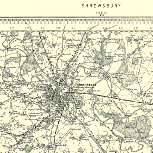 Close up of Authentic reproduction of Ordnance Survey map of Shrewsbury 1896-1904 with a yellow tint background