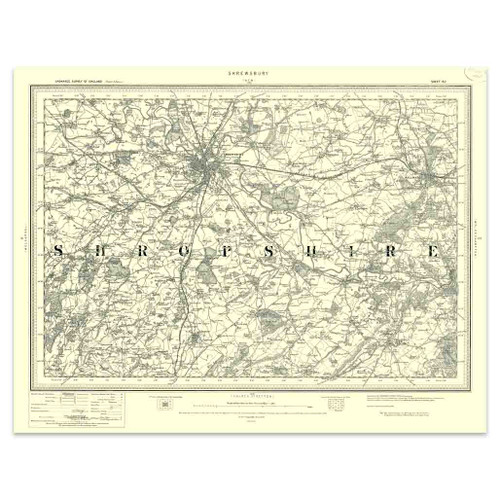 Authentic reproduction of Ordnance Survey map of Shrewsbury 1896-1904 with a yellow tint background
