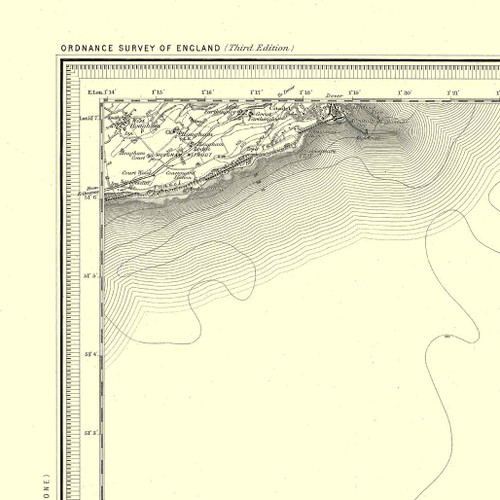 Close up of Authentic reproduction of Ordnance Survey map of Dover (a) 1896-1904 with a yellow tint background