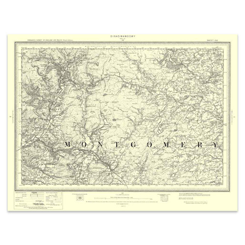 Close up of Authentic reproduction of Ordnance Survey map of Dinas-Mawddwy 1896-1904 with a yellow tint background