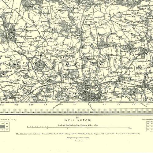 Close up of Authentic reproduction of Ordnance Survey map of Taunton 1896-1904 with a yellow tint background