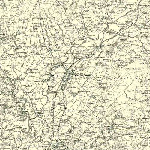 Close up of Authentic reproduction of Ordnance Survey map of Clitheroe 1896-1904 with a yellow tint background