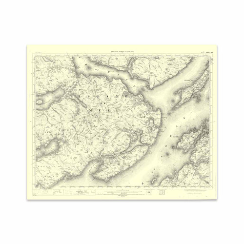 Authentic reproduction of Ordnance Survey map of Mull 1896-1904 with a yellow tint background