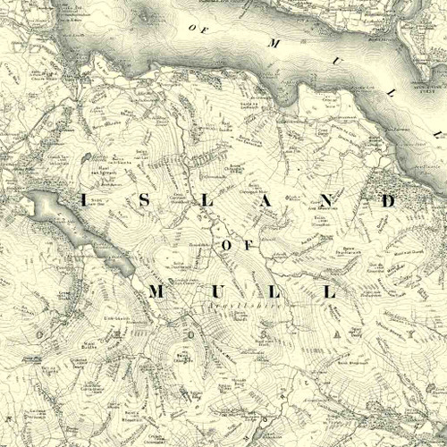 Close up of authentic reproduction of Ordnance Survey map of Mull 1896-1904 with a yellow tint background