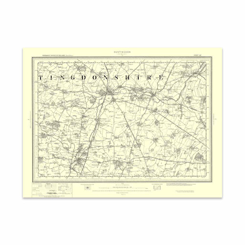 Authentic reproduction of Ordnance Survey map of Huntingdon 1896-1904 with a yellow tint background