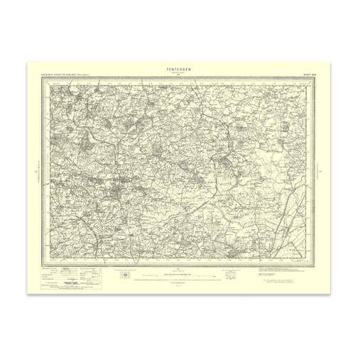 Authentic reproduction of Ordnance Survey map of Tenterden 1896-1904 with a yellow tint background