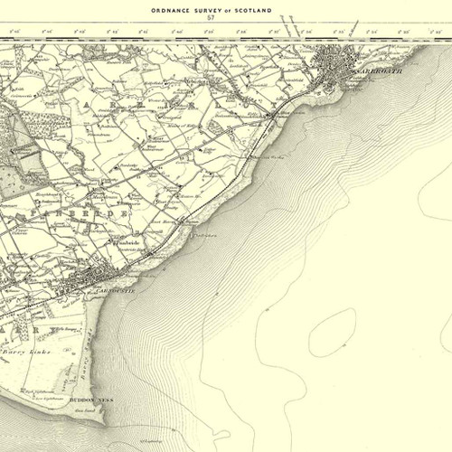 Close up of Authentic reproduction of Ordnance Survey map of Arbroath 1896-1904 with a yellow tint background
