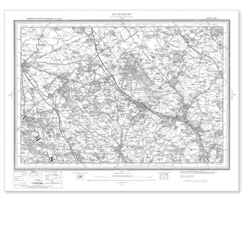 Black and white reproduction historical map of Aylesbury and wider area