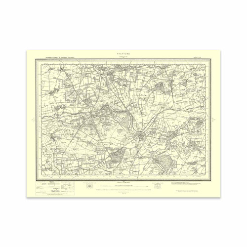 Authentic reproduction of Ordnance Survey map of Thetford 1896-1904 with a yellow tint background