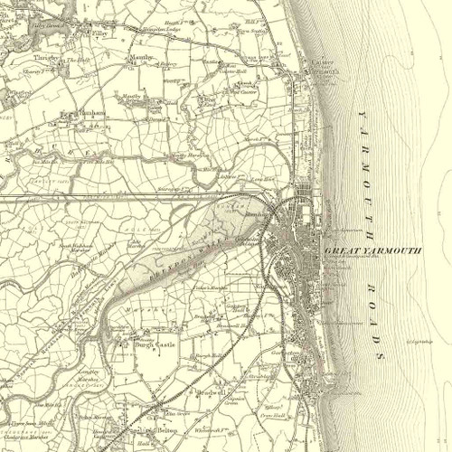 Close up of Authentic reproduction of Ordnance Survey map of Great Yarmouth 1896-1904 with a yellow tint background