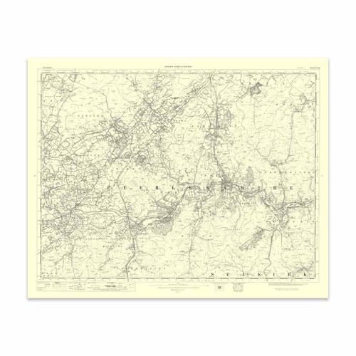 Authentic reproduction of Ordnance Survey map of Peebles 1896-1904 with a yellow tint background