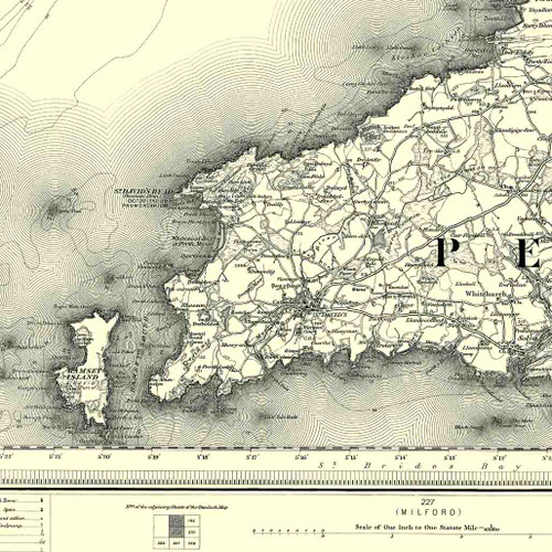 Close up of authentic reproduction of Ordnance Survey map of St Davids 1896-1904 with a yellow tint background