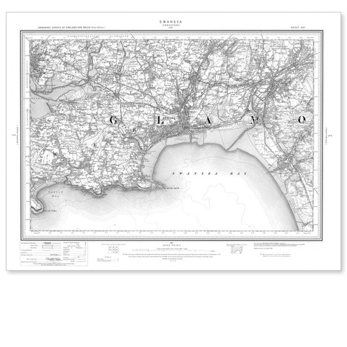 Black and white reproduction historical map of Swansea and wider area