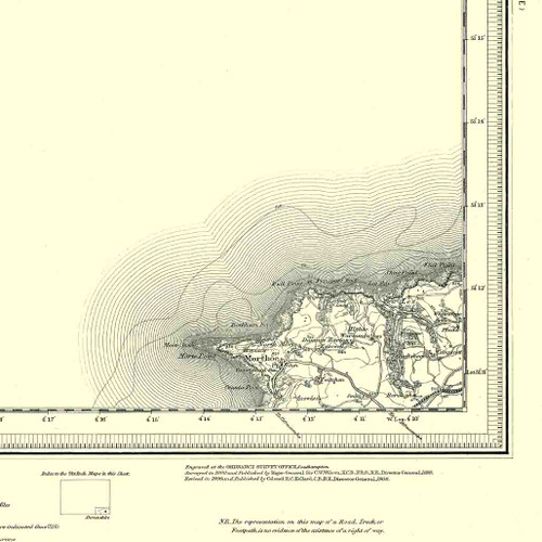 Close up of Authentic reproduction of Ordnance Survey map of Morte Point 1896-1904 with a yellow tint background