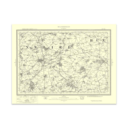 Authentic reproduction of Ordnance Survey map of Wellingborough 1896-1904 with a yellow tint background