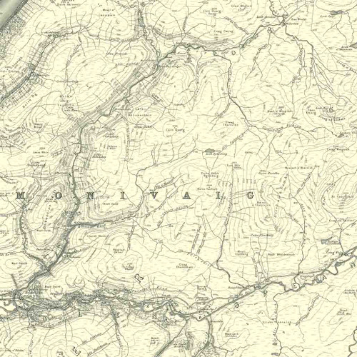 Close up of authentic reproduction of Ordnance Survey map of Glen Roy 1896-1904 with a yellow tint background Close up of authentic reproduction of Ordnance Survey map of Glen Roy 1896-1904 with a yellow tint background
