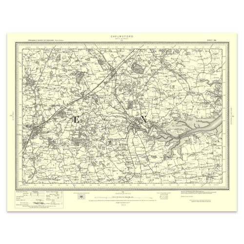 Authentic reproduction of Ordnance Survey map of Chelmsford 1896-1904 with a yellow tint background