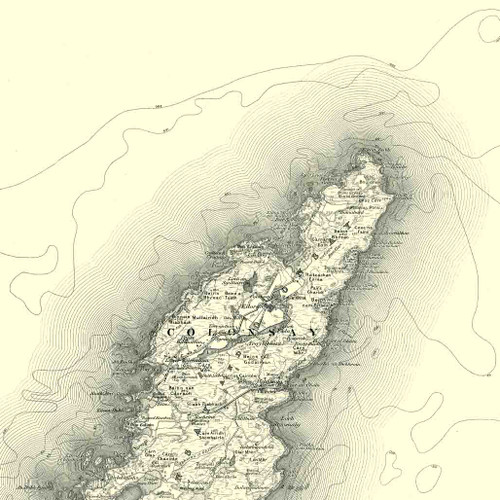 Close up of Authentic reproduction of Ordnance Survey map of Colonsay 1896-1904 with a yellow tint background Close up of Authentic reproduction of Ordnance Survey map of Colonsay 1896-1904 with a yellow tint background