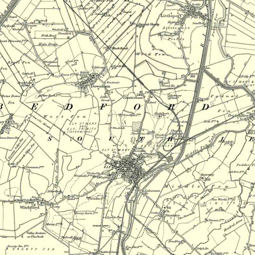 Close up Authentic reproduction of Ordnance Survey map of Ely 1896-1904 with a yellow tint background