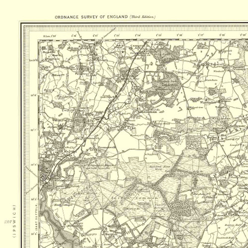 Close up of authentic reproduction of Ordnance Survey map of Woodbridge 1896-1904 with a yellow tint background