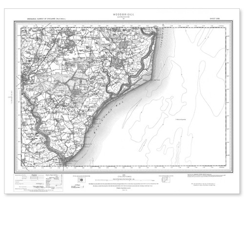 Black and white reproduction historical map of Woodbridge and wider area