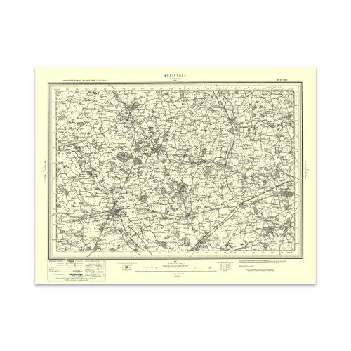 Authentic reproduction of Ordnance Survey map of Braintree 1896-1904 with a yellow tint background