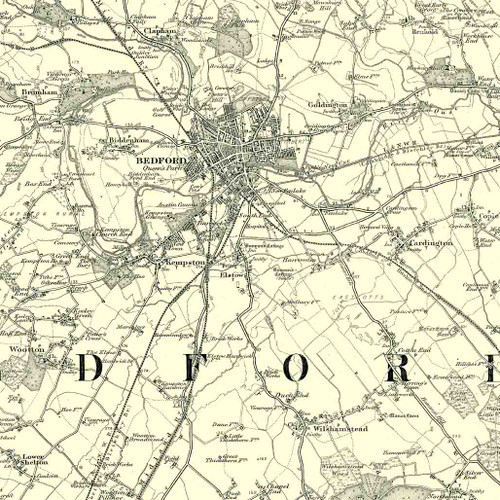 Close up of Authentic reproduction of Ordnance Survey map of Bedford 1896-1904 with a yellow tint background