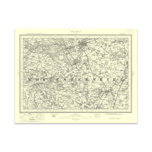 Authentic reproduction of Ordnance Survey map of Droitwich 1896-1904 with a yellow tint background