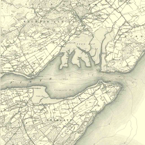 Close up of authentic reproduction of Ordnance Survey map of Cromarty 1896-1904 with a yellow tint background
