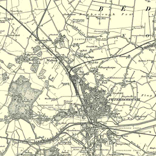 Close up of Authentic reproduction of Ordnance Survey map of Peterborough 1896-1904 with a yellow tint background