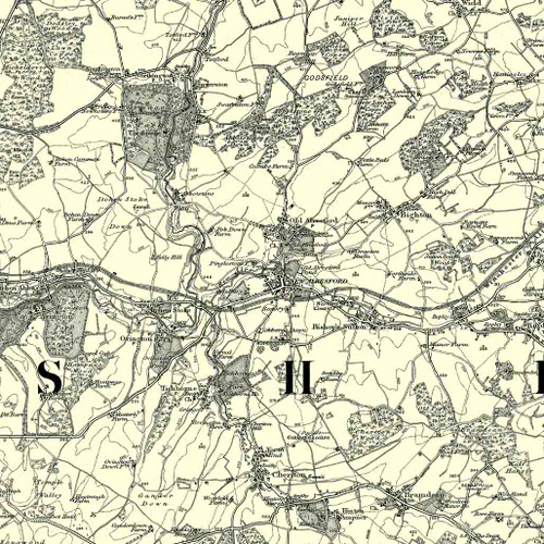 Close up of Authentic reproduction of Ordnance Survey map of New Alresford 1896-1904 with a yellow tint background